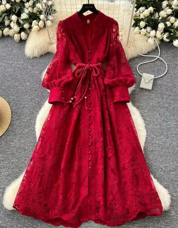 French High-end Lace Embroidery V-neck Lantern Sleeve Dress