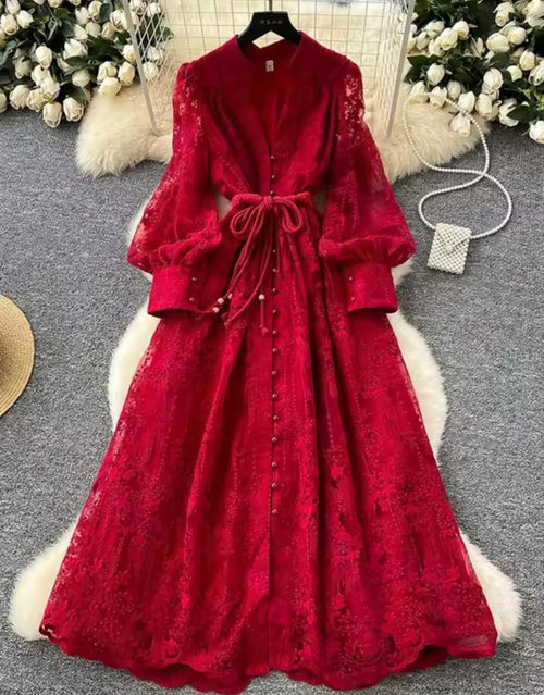 French High-end Lace Embroidery V-neck Lantern Sleeve Dress