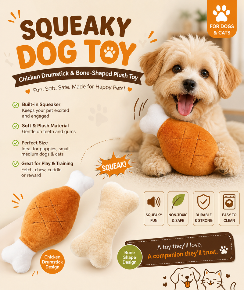 Squeaky Dog Toy: Chicken Drumstick & Bone-Shaped Plush Soft Toys for Puppies, Dogs & Cats