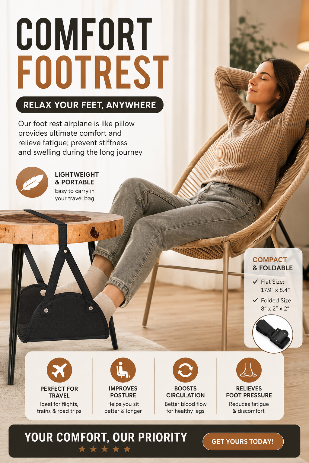 Portable Airplane Footrest with Adjustable Strap – Hammock Leg Rest for Travel