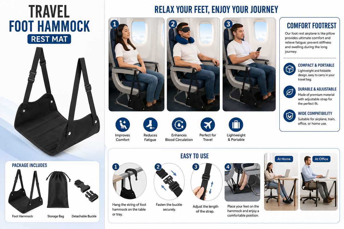 Portable Airplane Footrest with Adjustable Strap – Hammock Leg Rest for Travel