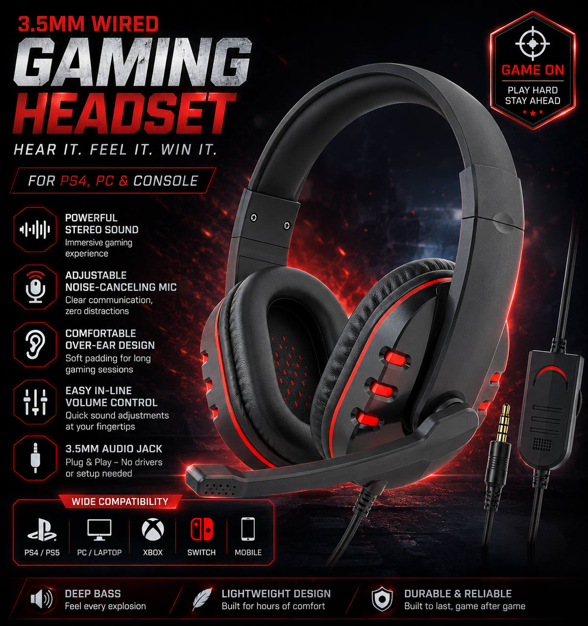 3.5mm Wired Gaming Headset with Microphone for PS4, PC & Console