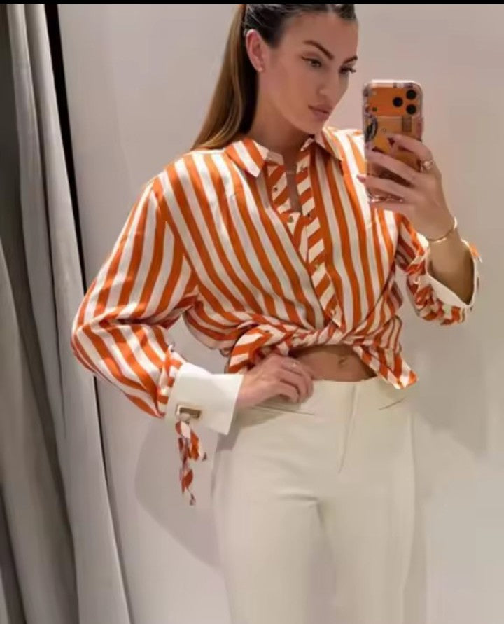 Women's Bow-tie Striped Shirt Jacket – 2026 Summer Collection