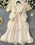 French High-end Lace Embroidery V-neck Lantern Sleeve Dress