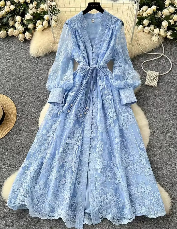 French High-end Lace Embroidery V-neck Lantern Sleeve Dress