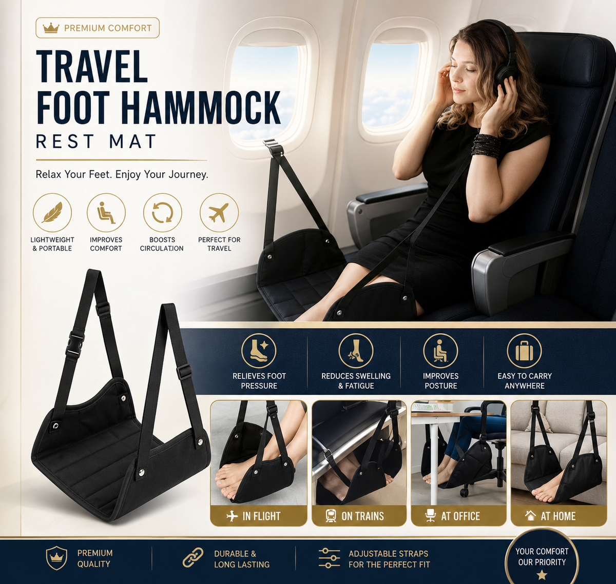 Portable Airplane Footrest with Adjustable Strap – Hammock Leg Rest for Travel