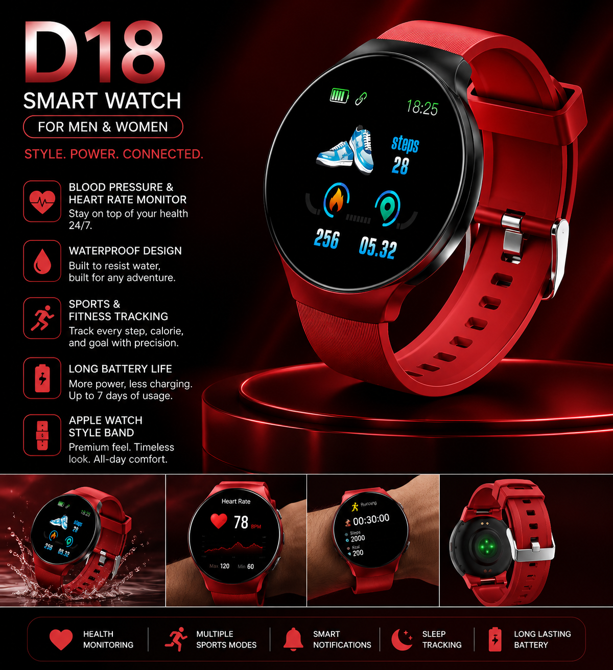 D18 Smart Watch for Men and Women – Blood Pressure Monitor, Waterproof Sports Fitness Tracker with Apple Watch Band