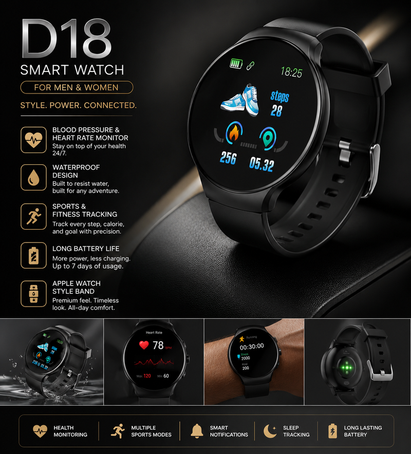 D18 Smart Watch for Men and Women – Blood Pressure Monitor, Waterproof Sports Fitness Tracker with Apple Watch Band
