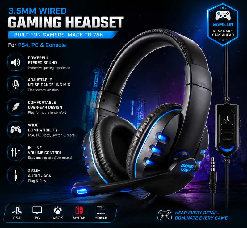 3.5mm Wired Gaming Headset with Microphone for PS4, PC & Console