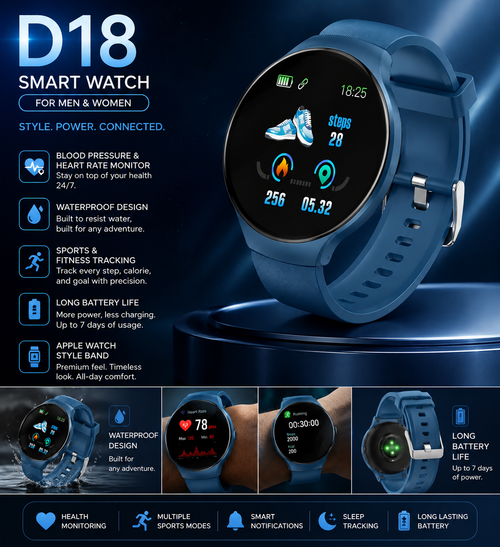 D18 Smart Watch for Men and Women – Blood Pressure Monitor, Waterproof Sports Fitness Tracker with Apple Watch Band